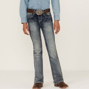 Shyanne Girls' Medium Wash Geo Embroidered Pocket Bootcut Jeans Western